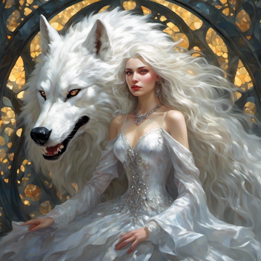 Glass Wolf Guardian: Woman Encased in Crystal