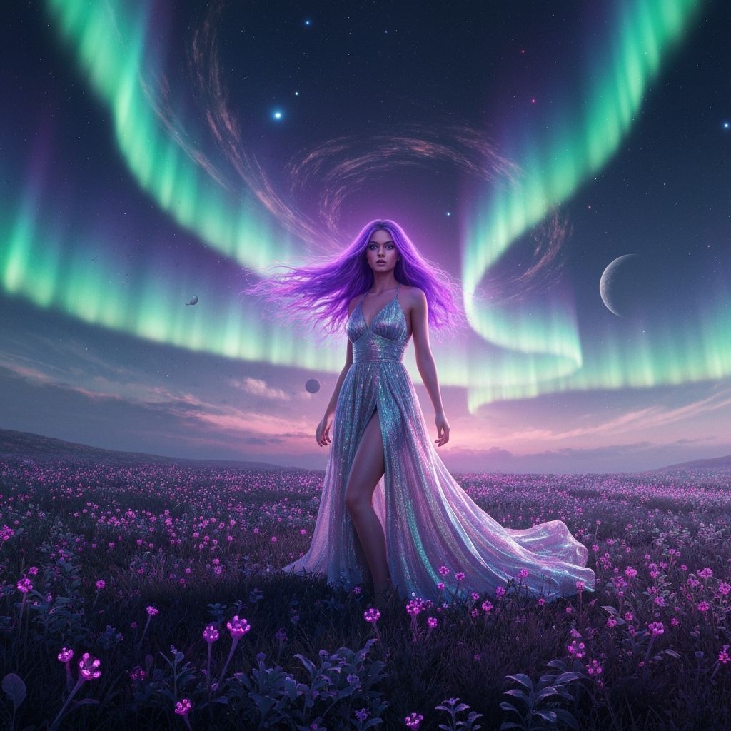 Woman in Alien Field with Auroras, Hyperrealistic Style