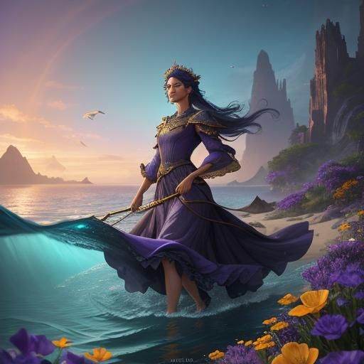 Fantasy Woman Dancing with Dolphin on Ocean Floor