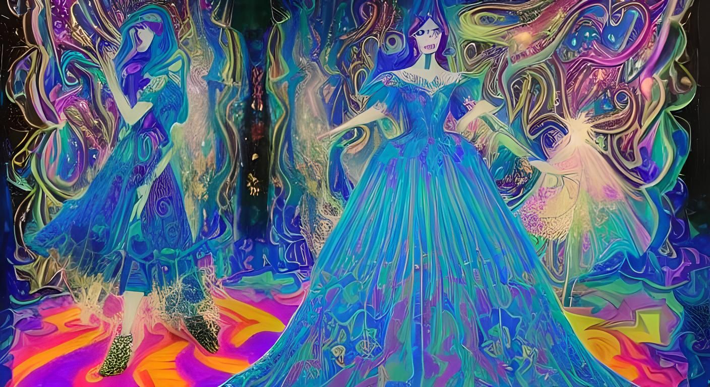 Cinderella's Glitch Art Waltz in Starry Ballroom