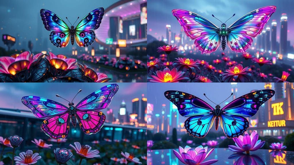 Neon Butterfly Soars Above a Futuristic Metropolis