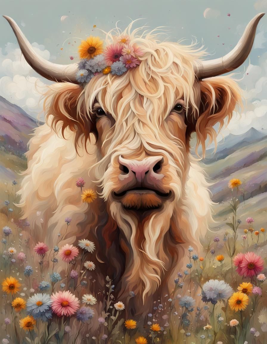 Highland Cow and Calves in Floral Meadow