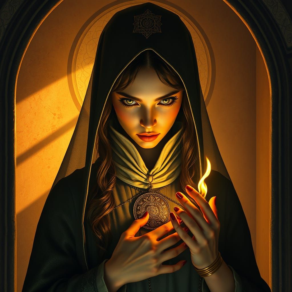 Mysterious Priestess in Red Robe with Talisman