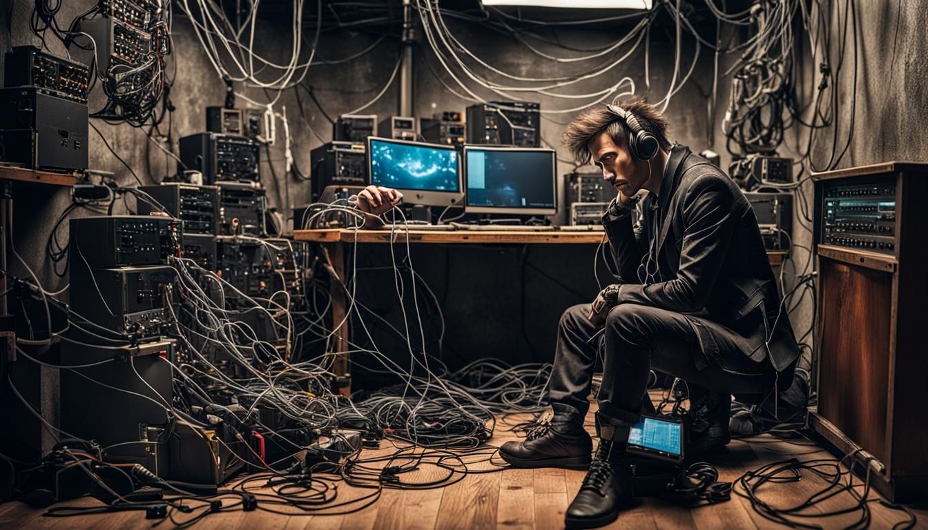 Steampunk Man Immersed in Cyberpunk Haven