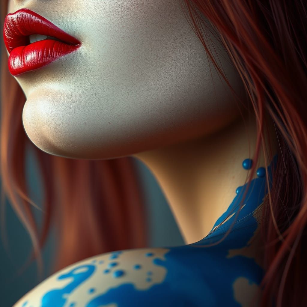 Woman's Half-Face with Bold Red Lipstick and Blue Accents in...