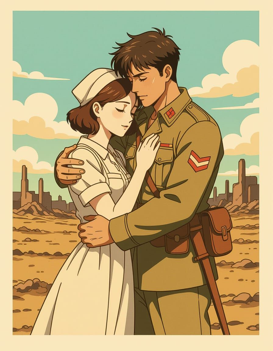 Tragic Love in War: Cel-Shaded Manga Embrace