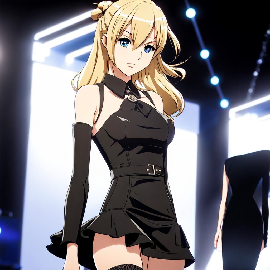 Anime Model on Fashion Runway with Hidden Pistol