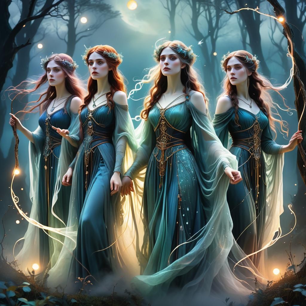 Mystical Sisters Weaving Fate in Ethereal Fantasy Art