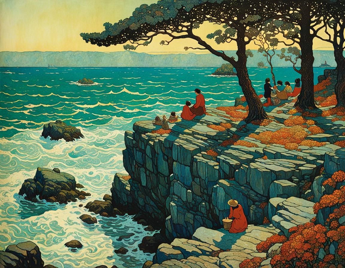 Picturesque Rocky Island Picnic: Intricate Painterly Illustr...