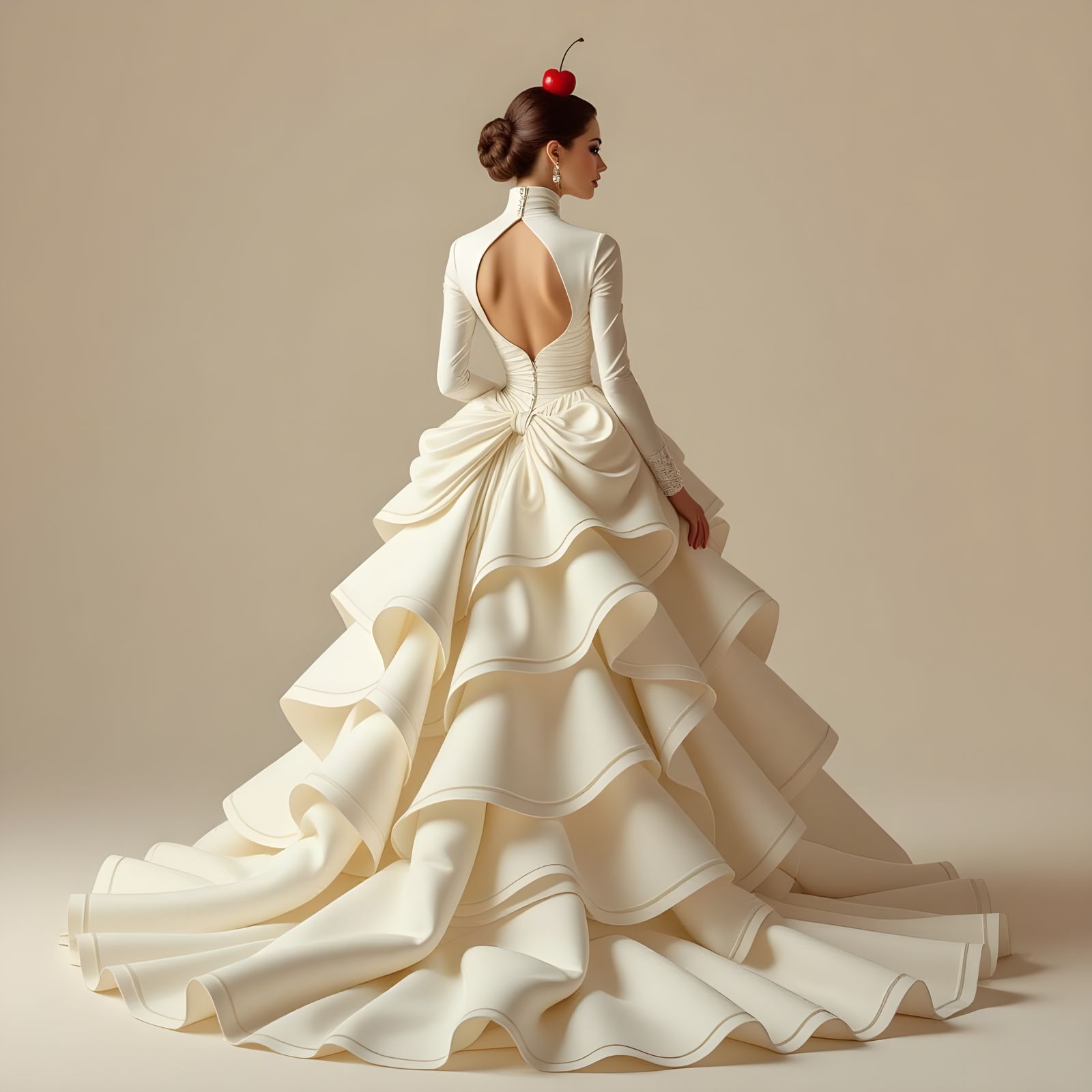 Woman in Flowing Whipped Cream Dress with Cherry