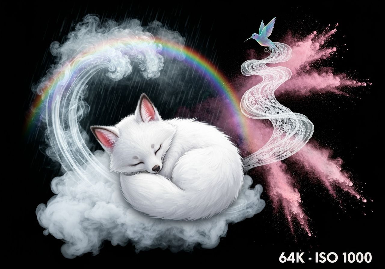 Fluffy Fox Asleep in Iridescent Rainbow Forest