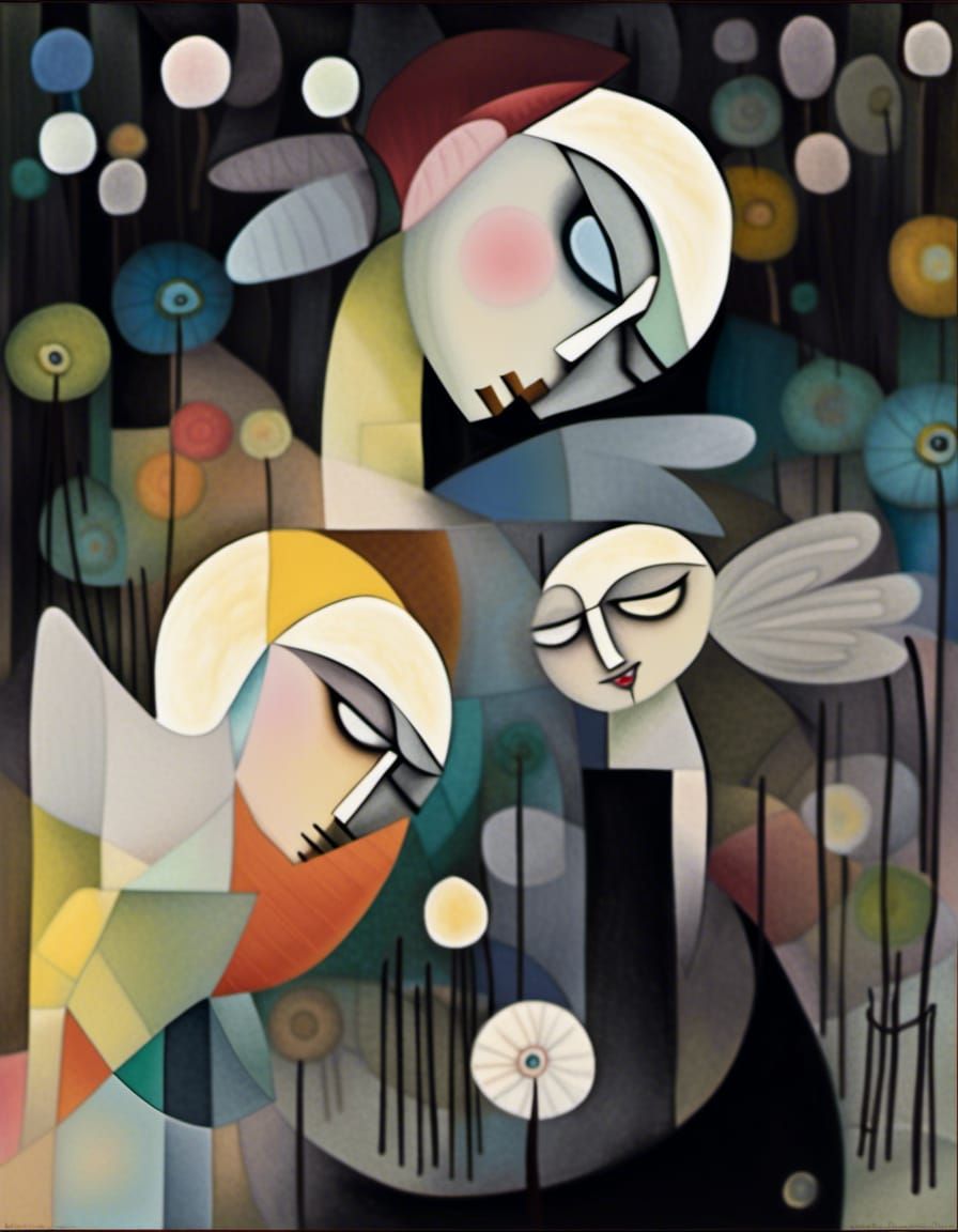 Winged Fairies in Dandelion Dreamscape, Abstract Art