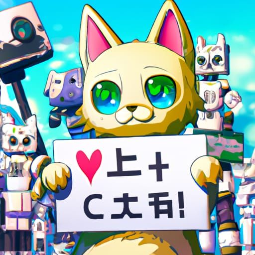 Dog Robot with Sign in 8-bit Anime Style