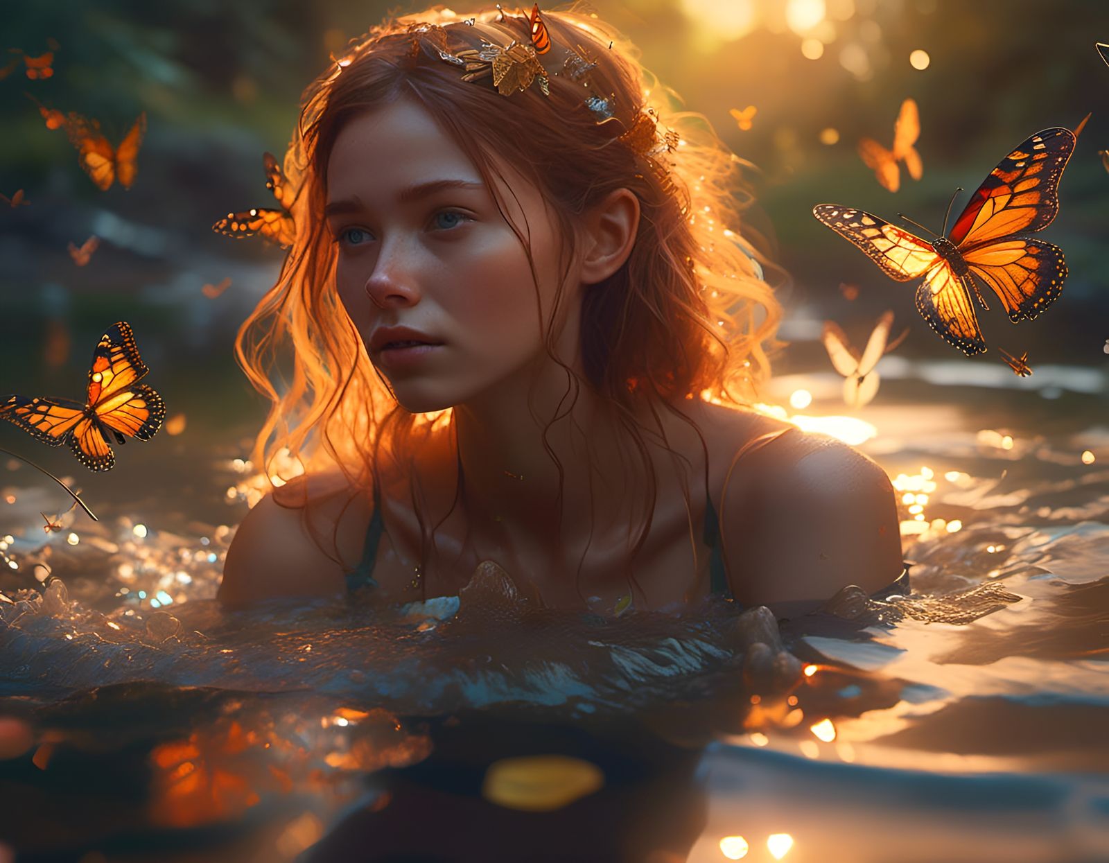 Golden Hour Creek Bathing: Hyperdetailed Digital Art