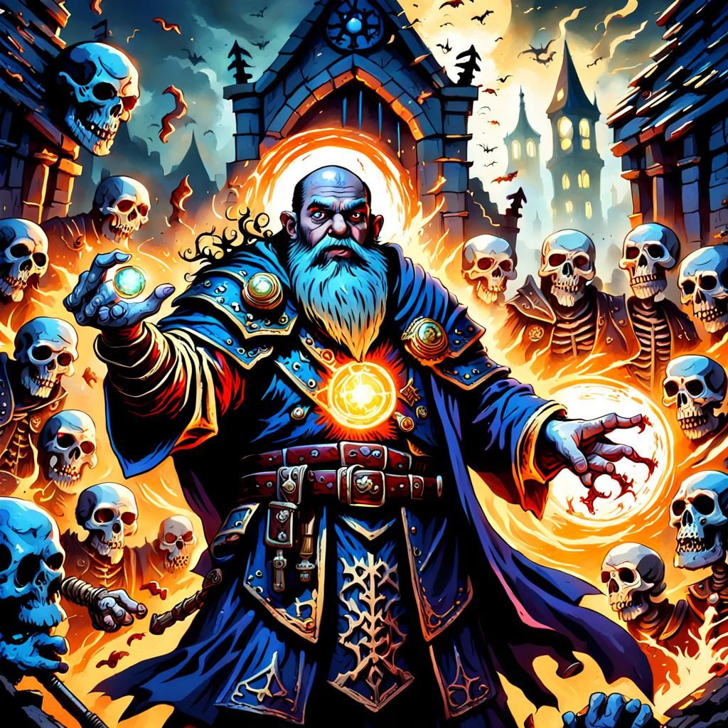 Dwarf Cleric Battles Skeletons in Fantasy Art