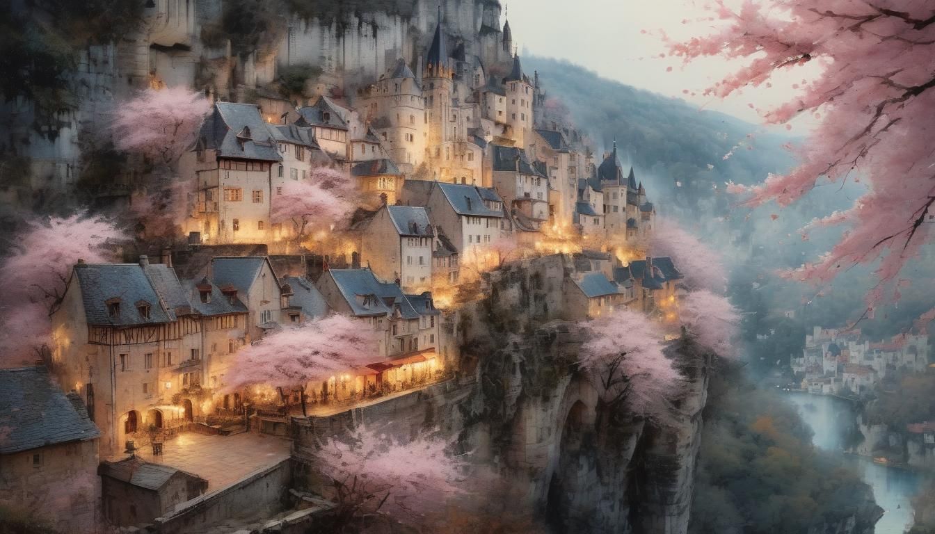 Rocamadour France in Dreamlike Watercolor Style