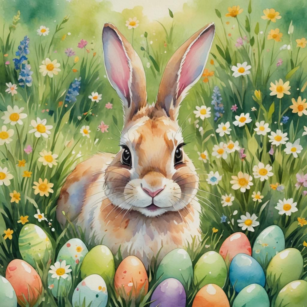 Smiling Easter Bunny in Watercolor Meadow