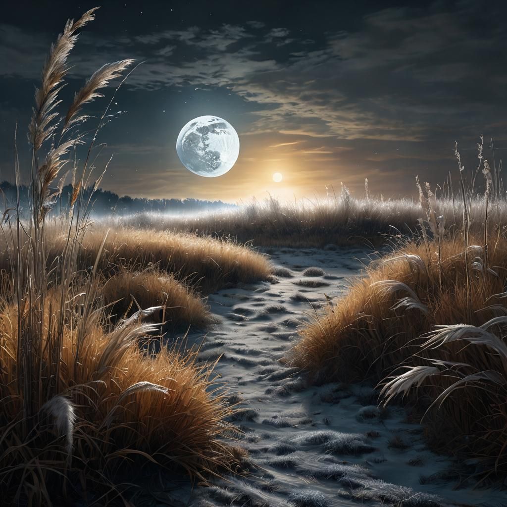Moonlit Frosty Night Scene: Digital Autumn Landscape