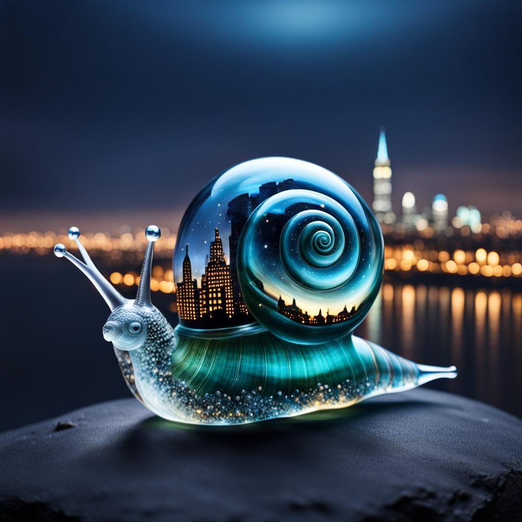 Mystical Glass Snail with City on Shell