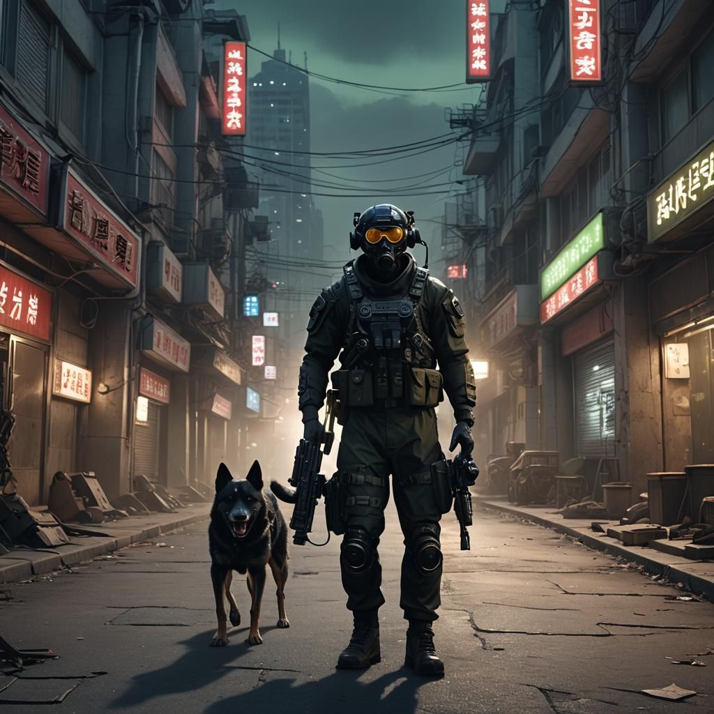 Marine Staff Sergeant with Robotic Dog in Dystopian City