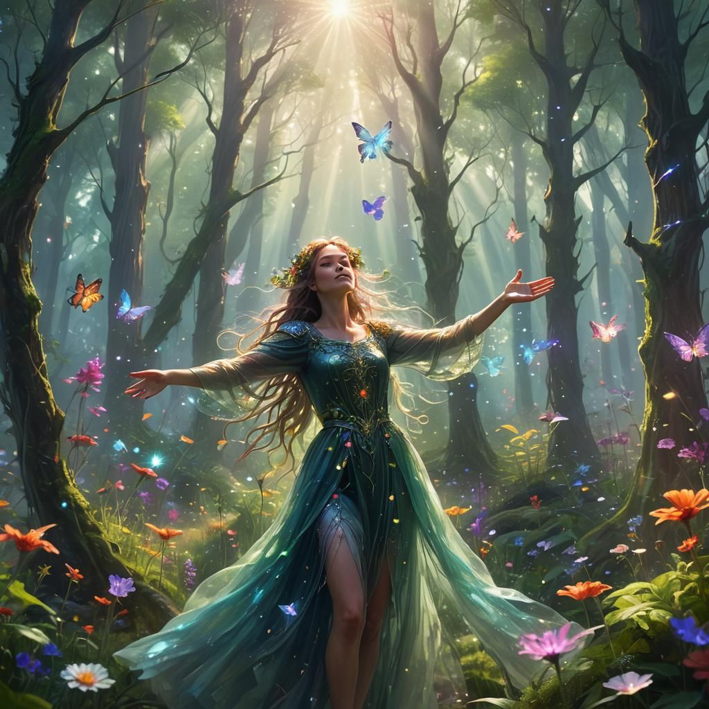 Ethereal Being in Celestial Forest: Fantasy Concept Art