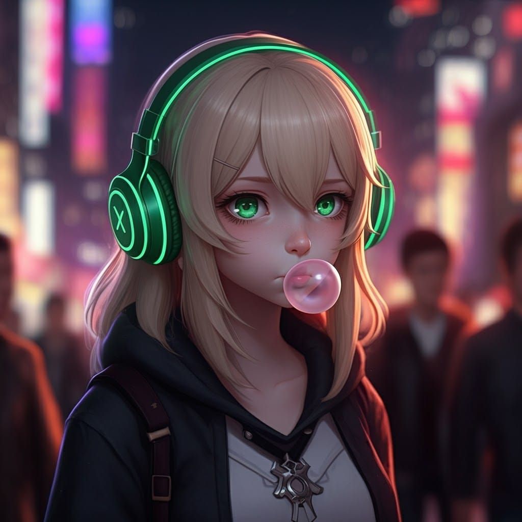 Teen Girl with Neon Headphones in Crowded City