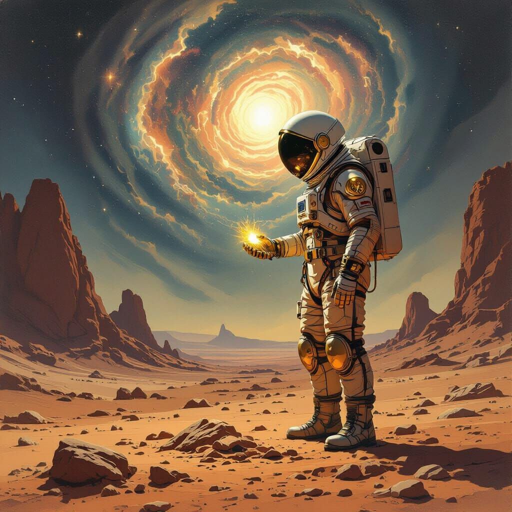 Astronaut and Alien Artifact in Gritty Sci-Fi Landscape