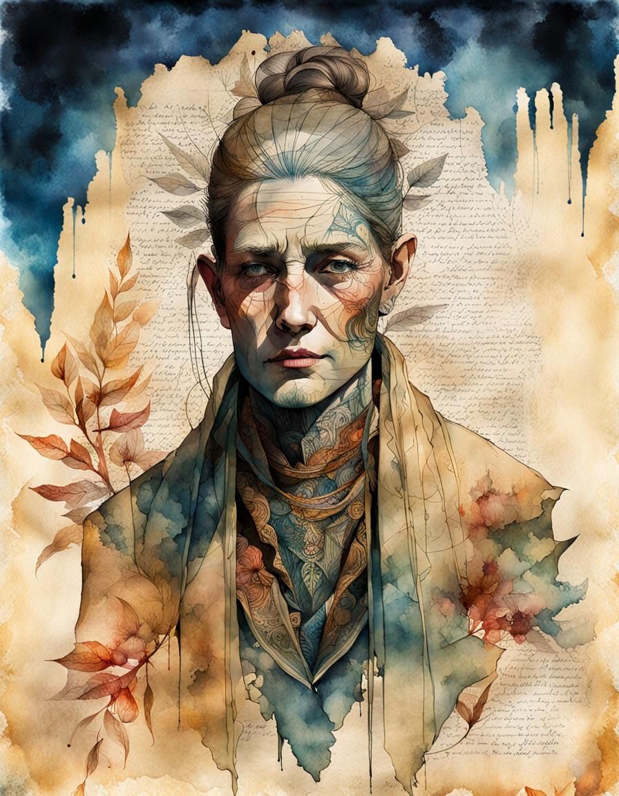 Eerie Geisha in Watercolor Wash with Parchment