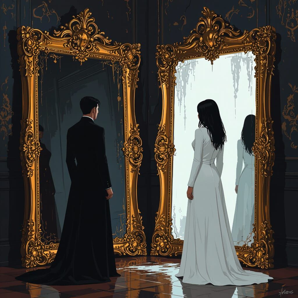 Ornate Mirror Reflecting Figures in a Surreal Scene