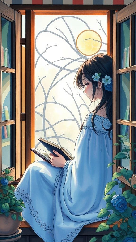 A Woman Reads in a Cozy Watercolor Window Nook