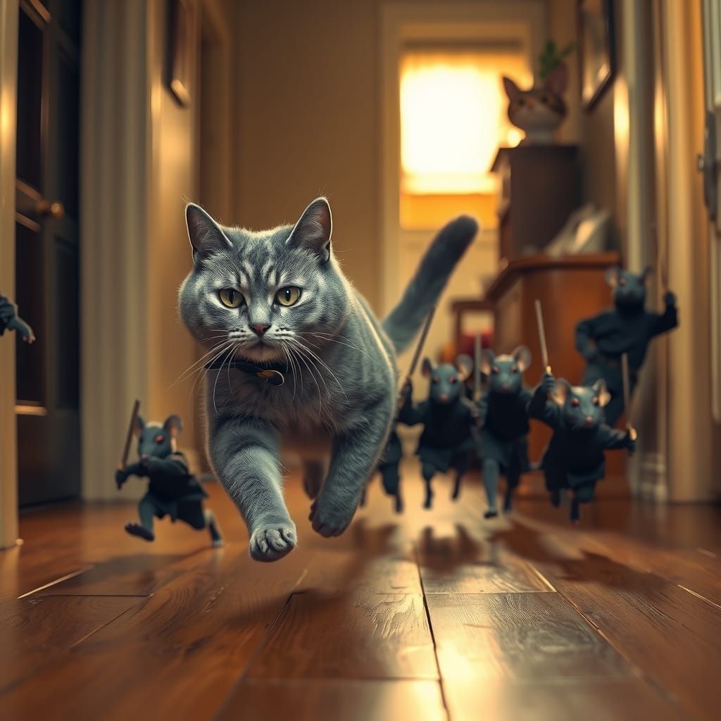 Surreal Live-Action Chase Scene of Gray Cat and Ninja Mice
