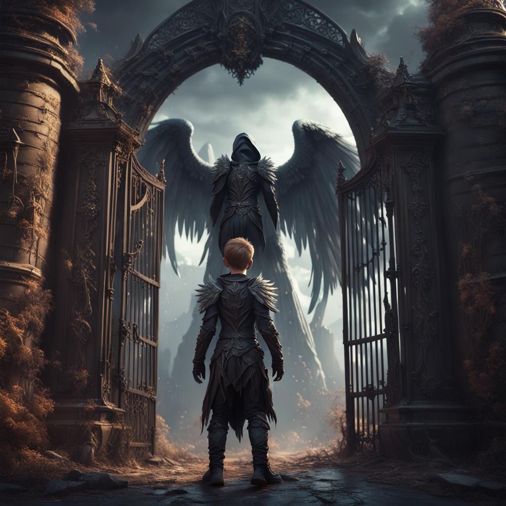 Dark Angel Boy Guarding Gates in Detailed Matte Painting