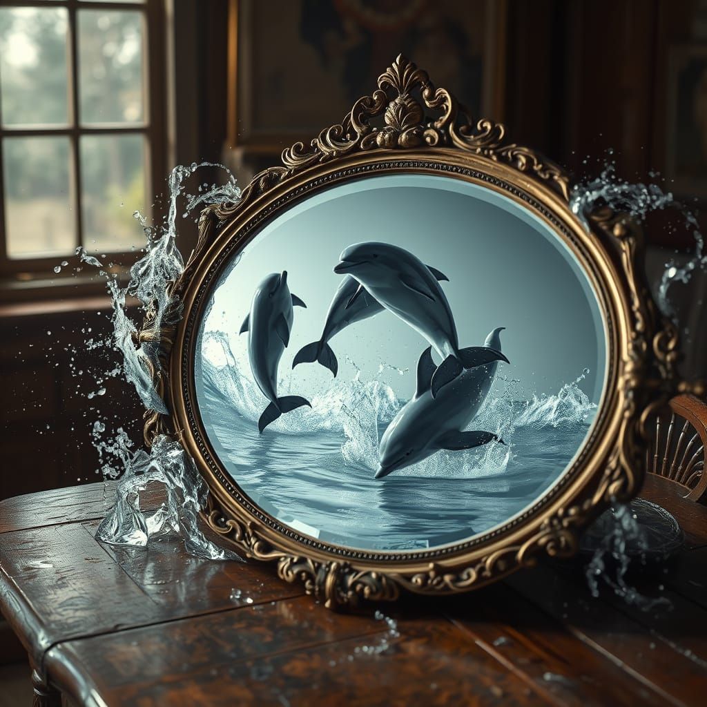 Dolphins Leaping from Antique Mirror in Hyperrealistic Style