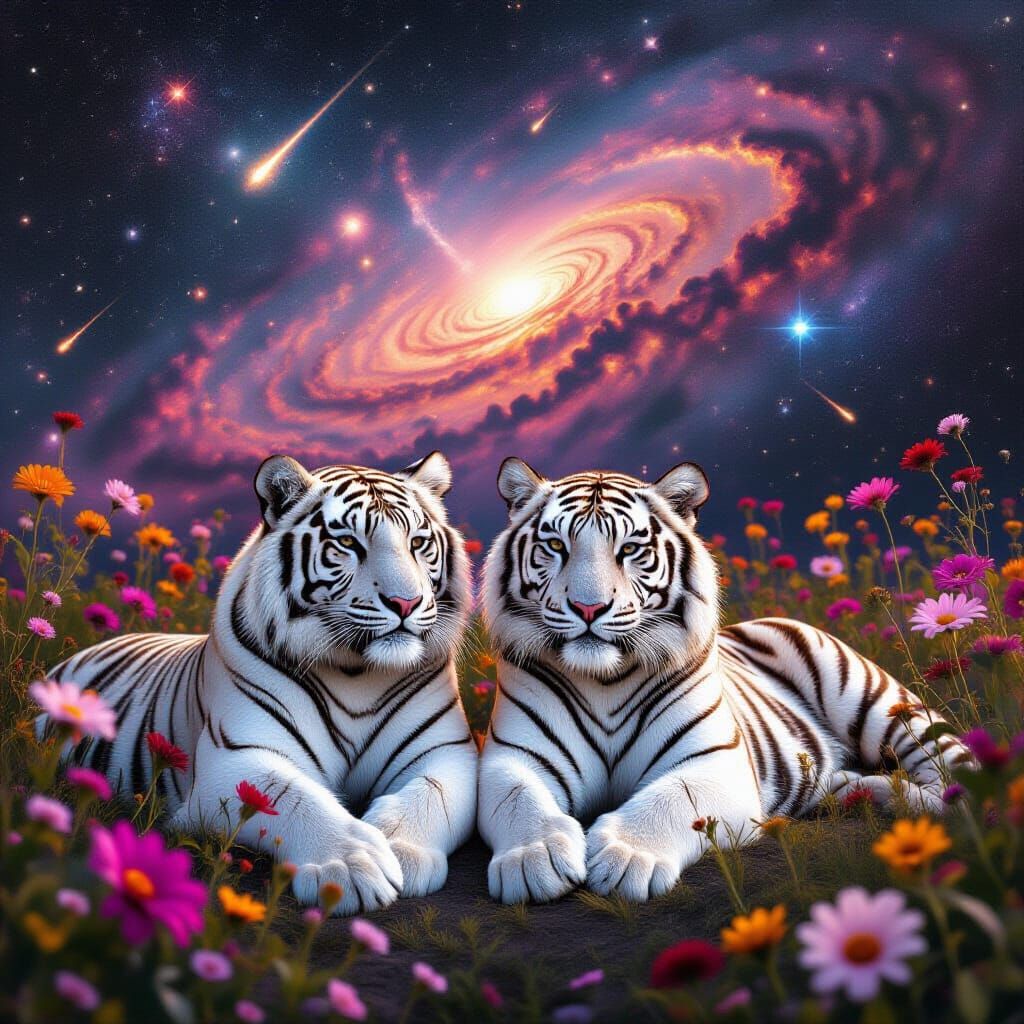 White Tigers in a Cosmic Wildflower Field