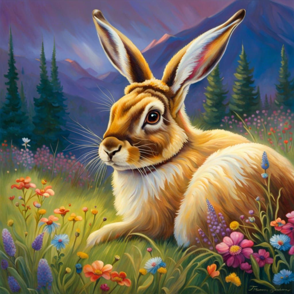 Jackalope in Floral Meadow, Idyllic Painting
