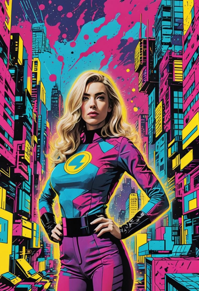 Sue Storm in Pop Art Style Cityscape