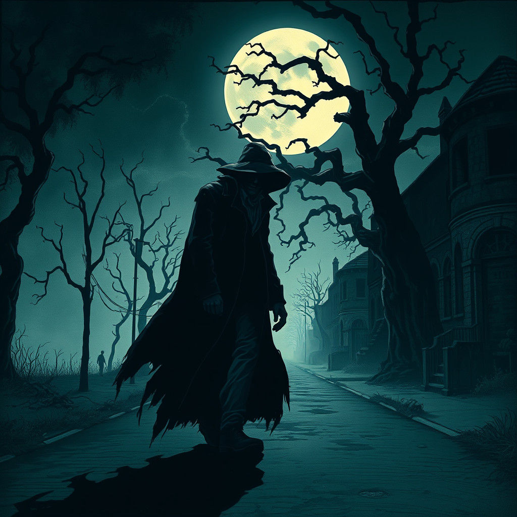 Ominous Figure in Moonlit Street: Surreal Illustration