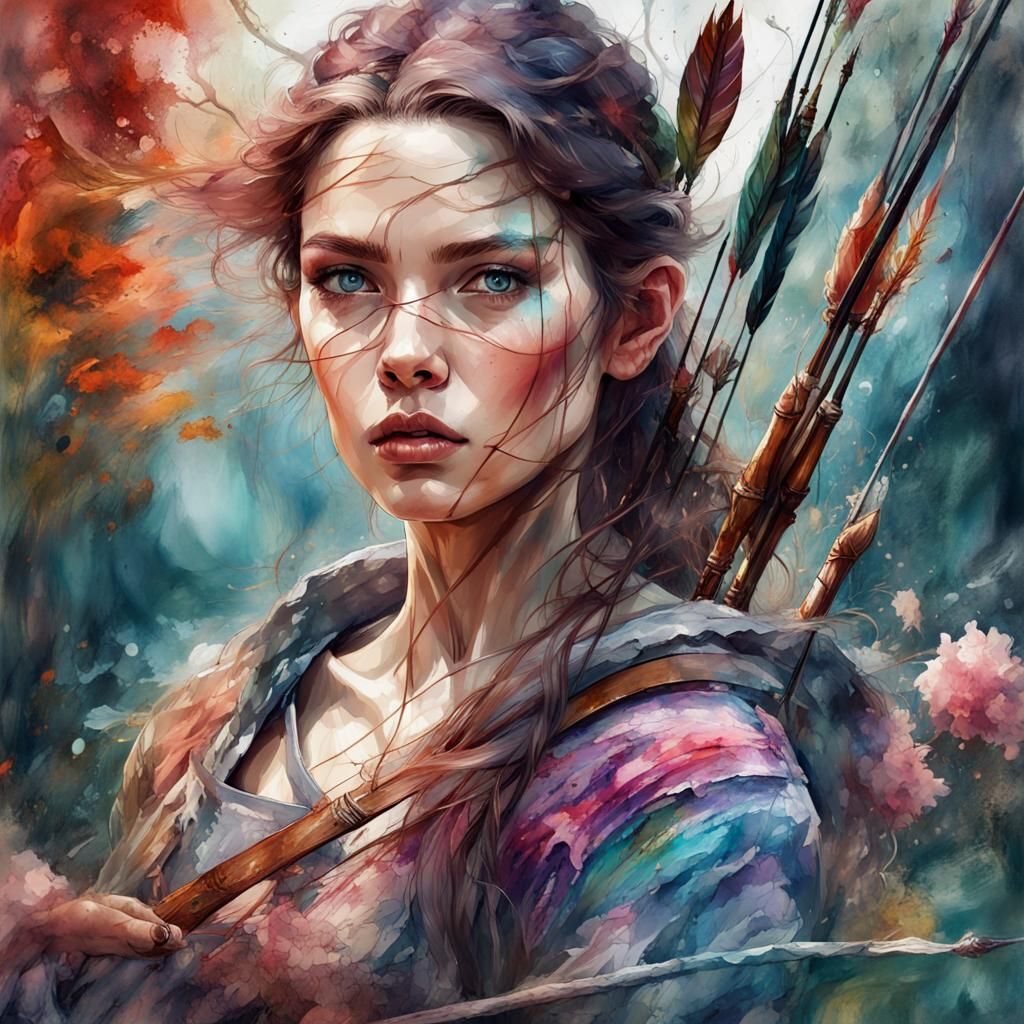Fantasy Woman Archer in Digital Watercolor Illustration