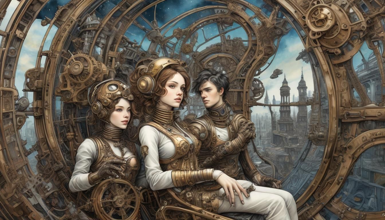 Steampunk Space Couple in Retro-Futuristic Metropolis