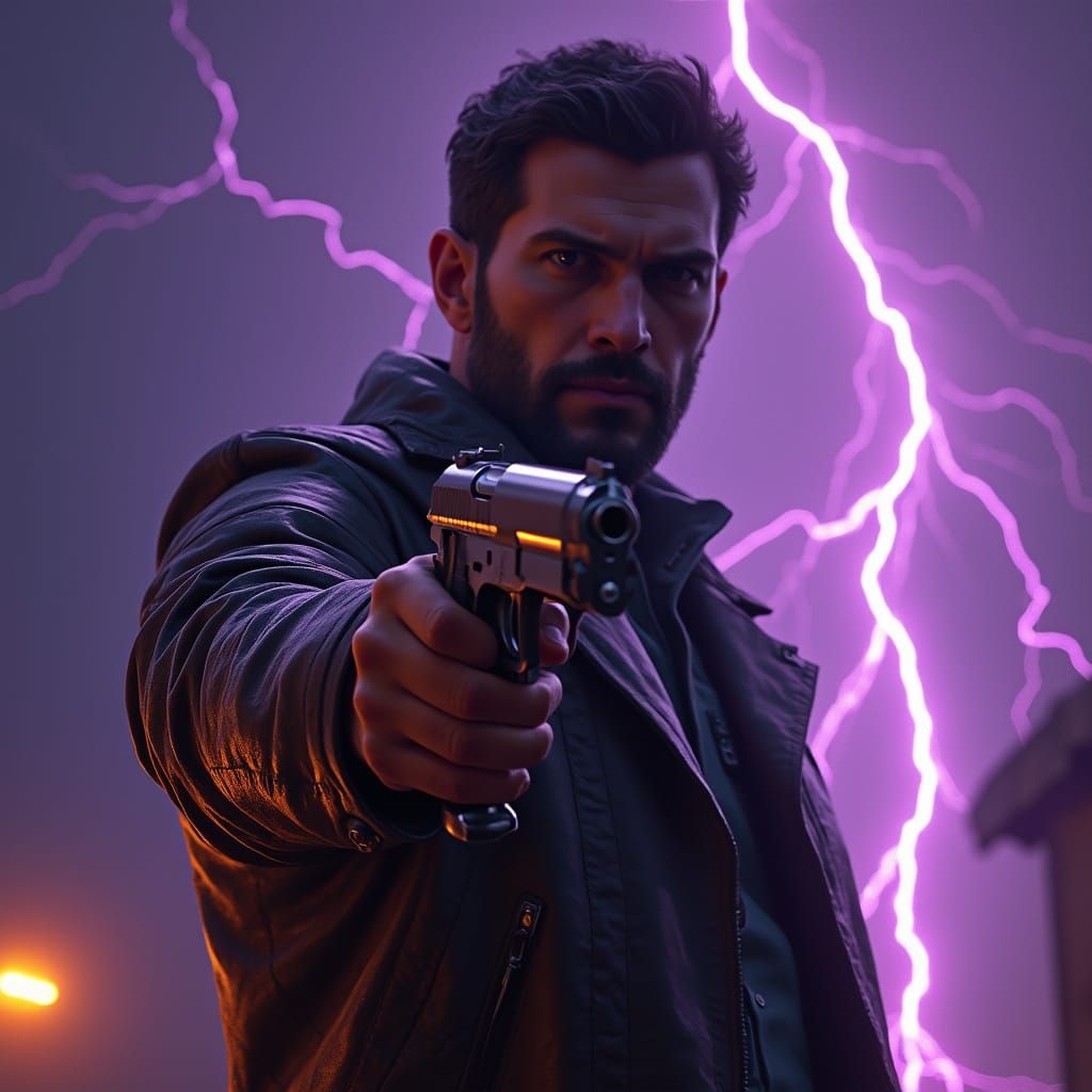 Man with Handgun in Thunderstorm: Hyperdetailed Concept Art