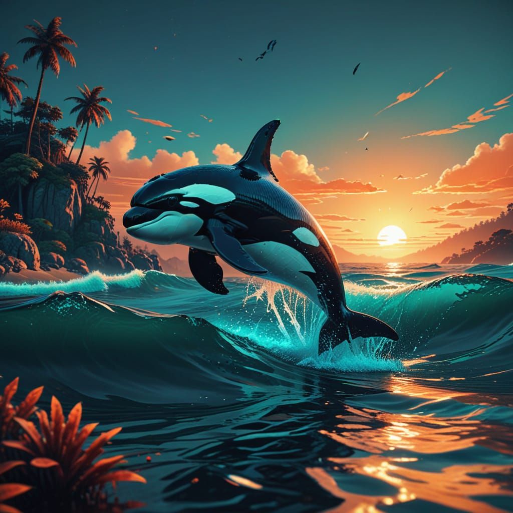 Majestic ORCA Leaps Through Sunset Waves in Vibrant Pixel Ar...