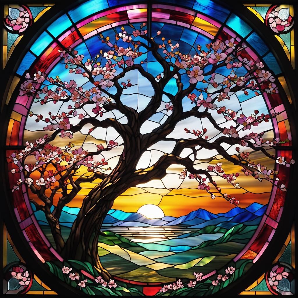 Stained Glass Sunrise with Blooming Sakura Trees