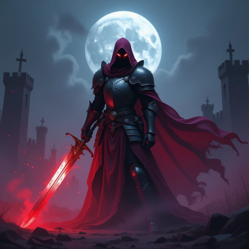 Ghostly Knight in Crimson Mist on Dark Battlefield
