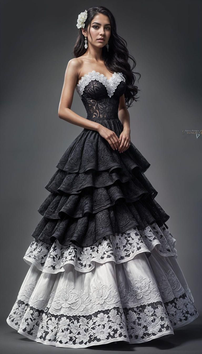 Mexican Woman in Ruffled Black and White Gown