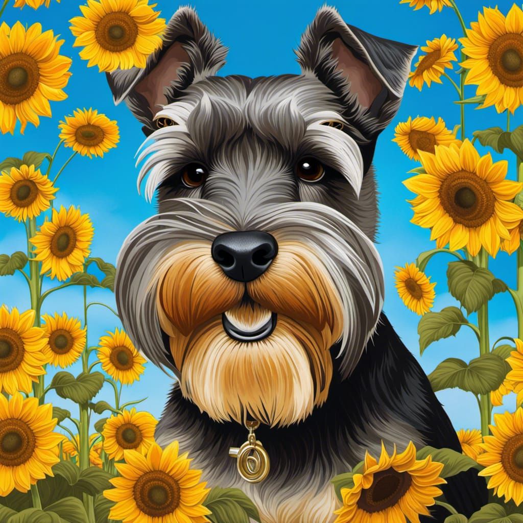 A Minature Schnauzer & Sunflowers