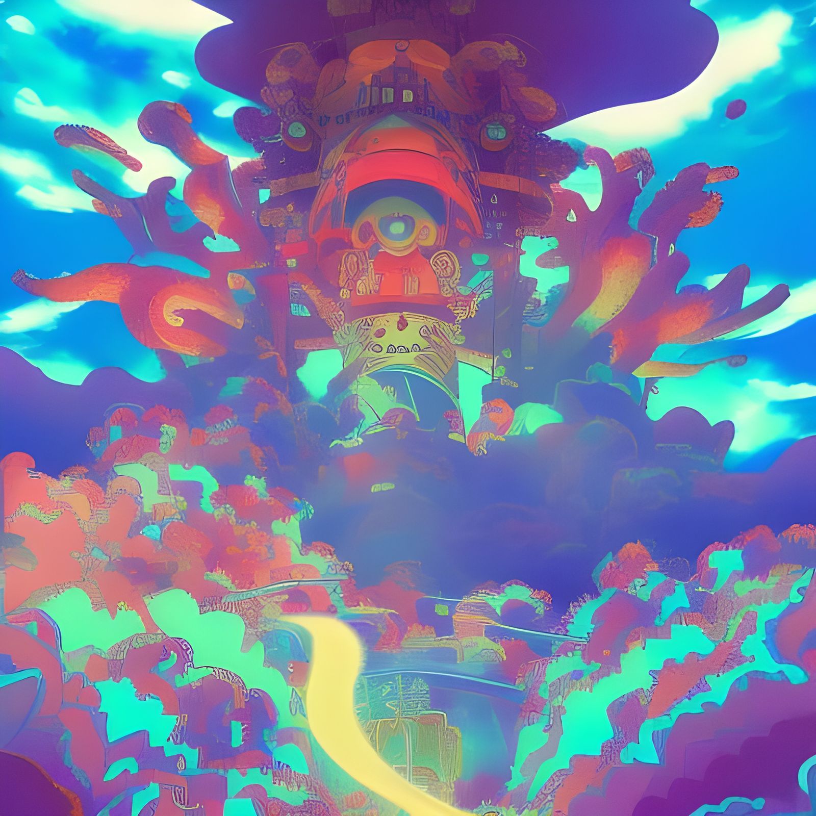 Psychedelic Anime World with Cubes and Deities