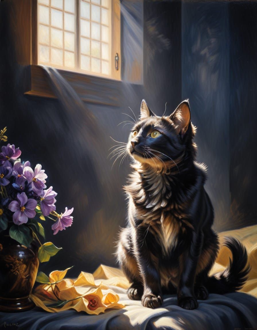 Monochrome Cat in Renoir-Inspired Impressionism