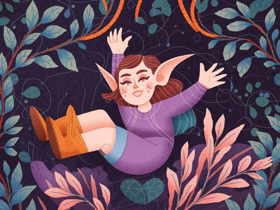 Mischievous Goblin Falling Amidst Sci-Fi Leaves Tapestry