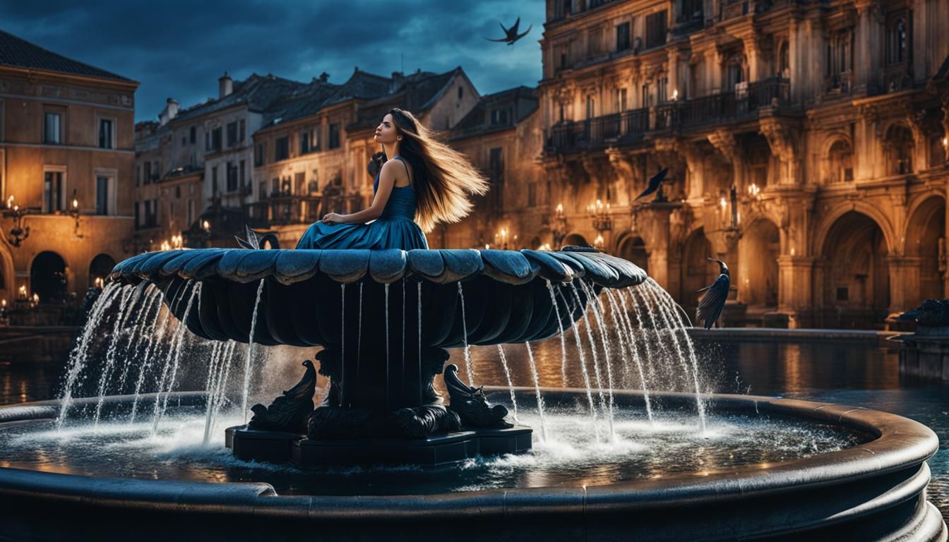 Woman with Swallow Beside Fountain, Detailed Matte Painting