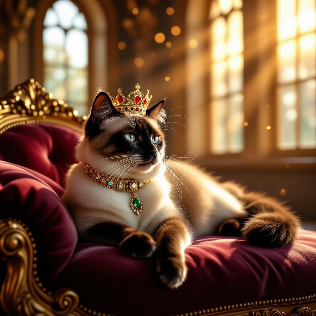 Regal Siamese Cat in Sunlit Chamber